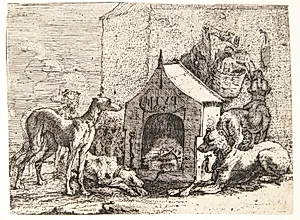 Kennel med seks hunde by Paulus van Hillegaert (II)