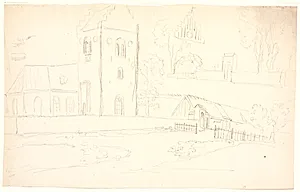 Kirke og gård samt kirkegårdsmur og port. Gentofte kirke? by C.A. Lorentzen