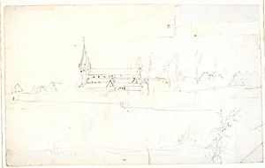 Kirke omgivet af huse og træer by Dankvart Dreyer