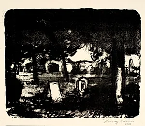 Kirkegård, grave under høje træer by Henry Nielsen