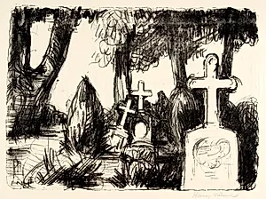 Kirkegård med tre gravstene by Henry Nielsen