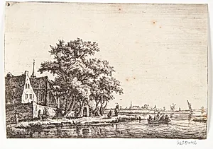 Kirkegård ved en flod by Anthonie Waterloo