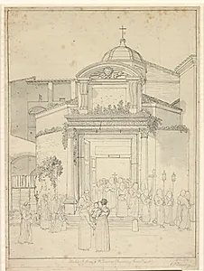 Kirken sta. Cosmos e Sta. Damians (Romolus og Remus Templet) med munke i procesion, der kommer ud af kirkedøren. by C.W. Eckersberg