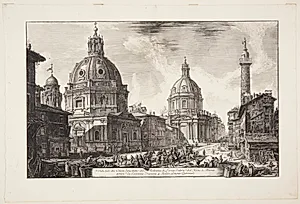 Kirkerne Santa Maria di Loreto og Santissimo Nome di Maria ved Trajan's søjle, i baggrunden Quirinal-højen by Giovanni Battista Piranesi