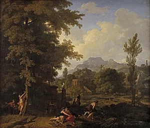 Klassisk landskab med Diana (?) og hendes nymfer by Johannes Glauber