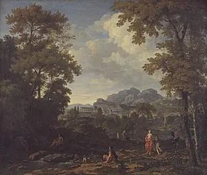 Klassisk landskab med Diana (?) og hendes nymfer by Johannes Glauber