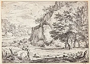 Klippefyldt landskab, i frigrunden to figurer by Abraham Genoels