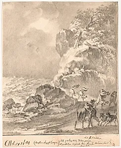 Klippekyst med figurer i storm by C.A. Lorentzen