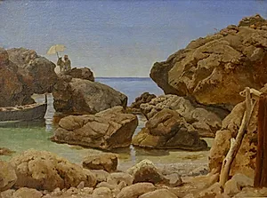Klippekyst på Capri med malende kunstner