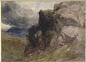Klippelandskab i Wales, i forgrunden til højre ses en siddende figur by David Cox (I)