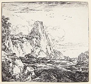 Klippelandskab med en lille bro by Herman Naiwincx