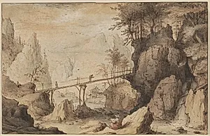 Klippelandskab med stor opstigende bro over en elv, i forgrunden sidder en kunstner og tegner
