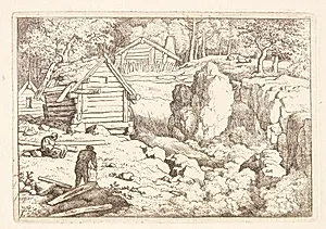 Klippelandskab med tre bjælkehytter, forrest to tømrer i arbejde by Allaert van Everdingen