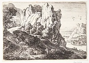 Klippelandskab med vejfarende, der gør holdt by Anthonie Waterloo