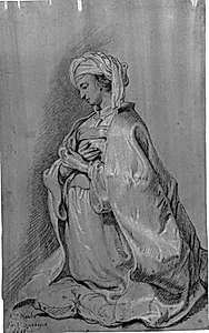 Knælende figur på en pude med turban. Vendt mod venstre. Hændene foldet over brystet.