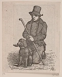 Knælende tigger med puddelhund by Andreas Flinch
