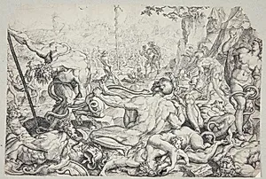 Kobberslangen og svøben med de giftige slanger by Cornelis Bos