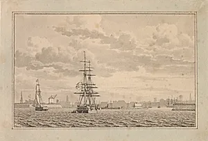 København set fra Yderhavnen med en Brig til ankers og en sejlende slup. by C.W. Eckersberg