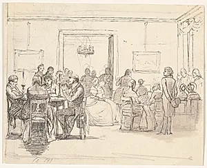 Københavnsk selskabsscene, t.v. kortspillere, t.h. musiceres der by Wilhelm Marstrand