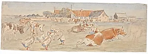 Køer og gæs ved Nyværk på Saltholm (udkast til dekoration af punchebolle) by Theodor Philipsen