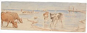 Køer og kalve nær indskibningsstedet på Saltholm (udkast til dekoration af punchebolle) by Theodor Philipsen