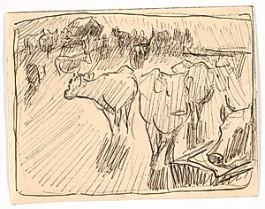 Køer ved et vandtrug, motivet set imod solen by Theodor Philipsen