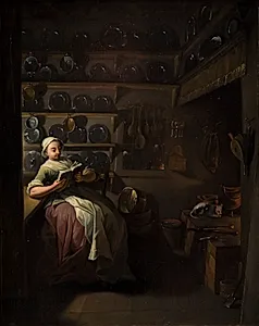 Køkkeninteriør med læsende pige by Jens Juel