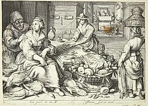 Køkkenscene med en køkkendame, der plukker fjerkræ by Jacob Matham