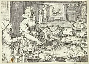 Køkkenscene med en køkkendame, der renser fisk by Jacob Matham