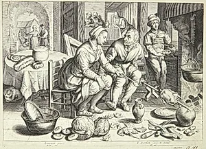 Køkkenscene med en mand og en kvinde, der steger en kylling by Jacob Matham