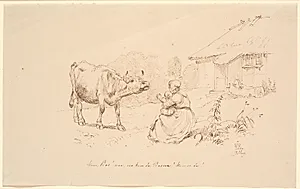 Kom Bos!. Udenfor et boelsted sidder en kone med et barn, der rækker hen imod en ko by Johan Thomas Lundbye