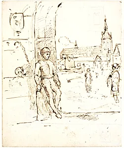 Komposition: Udsigt gennem en port, til hvis væg en svend med spyd læner sig til et torv med en kirke (vistnok tegnet med erindring om St. Knud, Odense) by Dankvart Dreyer