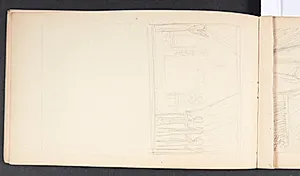 Kompositionsrids med figurer samlet omkring en himmelseng, forrest kvinder, der holder et draperi til side by Agnes Slott-Møller