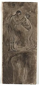 Kompositionsskitse, nøgen mand og kvinde med barn. I underkanten, omvendt på hovedet, nøgen figur by Isakson, Karl
