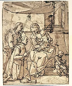 Kompositionsskitse: to knælende mænd foran orientalsk fyrste by Bénoit Le Coffre