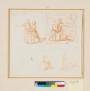 Kompositionsskitser til maleriet af generalkonsul Johan Christian Pingles døtre i en have: Forneden på bladet er skitseret nogle mindre børn by Jens Juel