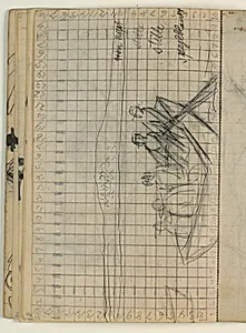 Kompositionsudkast til Blichers novelle "Vinhandleren og Herremanden", p. 201 - Kaj Lykke, Jens Bangs hustru og plejedatter færges over Limfjorden, kvadreret med notater by Niels Larsen Stevns