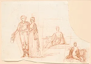 Kompositionsudkast til det Rybergske familiebillede; til højre udkast til en siddende kvindefigur by Jens Juel