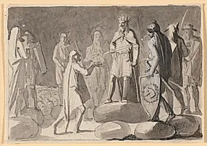 Kompositonsudkast; en konge, der omgivet af krigere på et tingsted, giver en mand riddersværdet by Nicolai Abildgaard