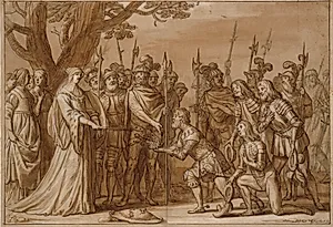 Kong Albrecht overrækker den svenske krone til dronning Margrethe I i 1389 by Gerard van Honthorst