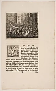 Kong Frederik V i procession til salvingshøjtidelighed i Frederiksborg Slotskirke. Illustration og initial til Frederik d. IV's salvingsakt by Odvardt Helmoldt de Lode