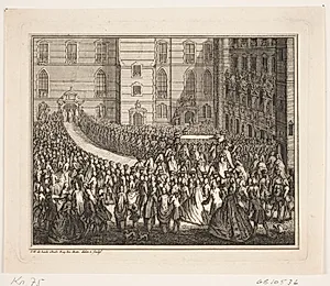 Kong Frederik V i procession til salvingshøjtidelighed i Frederiksborg Slotskirke. Illustration til Frederik d. IV's salvingsakt by Odvardt Helmoldt de Lode