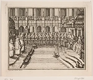 Kong Frederik V og Dronning Louise under salvingshøjtidelighed i Frederiksborg Slotskirke. Illustration til Frederik d. IV's salvingsakt by Odvardt Helmoldt de Lode