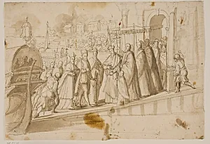 Kong Henrik III, doge Alvise Mocenigo og kardinal San Sisto modtages af den venetianske patriark, Giovanni Trevisan, på Venedigs Lido by Ubekendt
