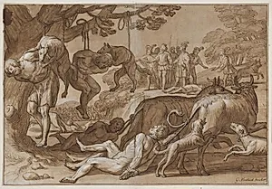 Kong Jarmerik afstraffer tilfangetagne vendere by Gerard van Honthorst