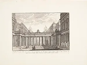 Kongelig gård i hvis midte en loggia med fontæne, statuer og andre udsmykninger mellem søjlerne. I det fjerne en rotunda med lysindfald fra oven i henhold til nyeste mode by Giovanni Battista Piranesi