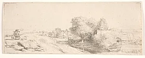 Kontratryk af "Landskab med en mand der bærer mælkespande" by Rembrandt van Rijn