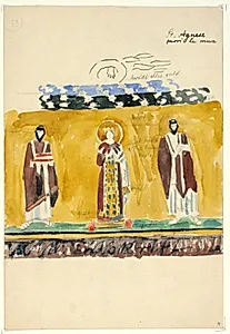 Kopi af mosaik i St. Agnese fuori le Mura, samt notater by Niels Larsen Stevns