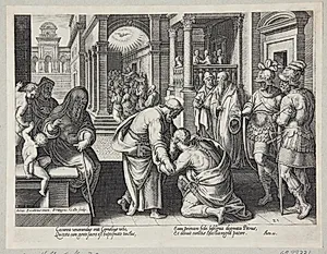Kornelius knæler for Peter by Philips Galle