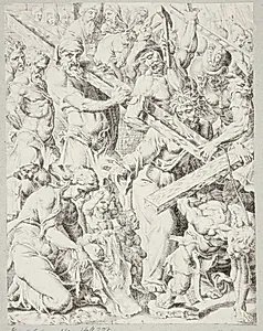 Korsbæringen og Veronika med svededugen by Dirk Volkertsz. Coornhert